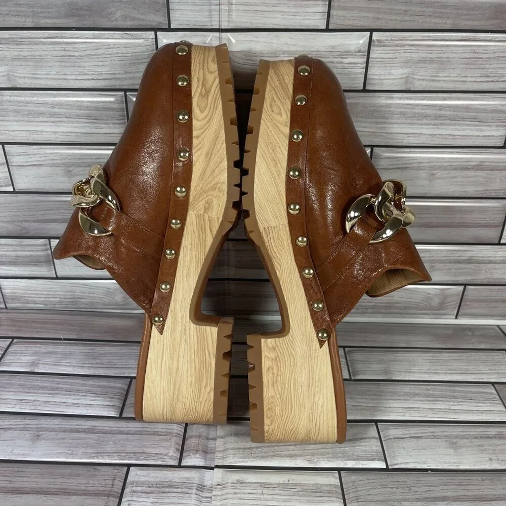 Lisa Vicky Brown Leather Mules with Gold Chain - Picture 8 of 10